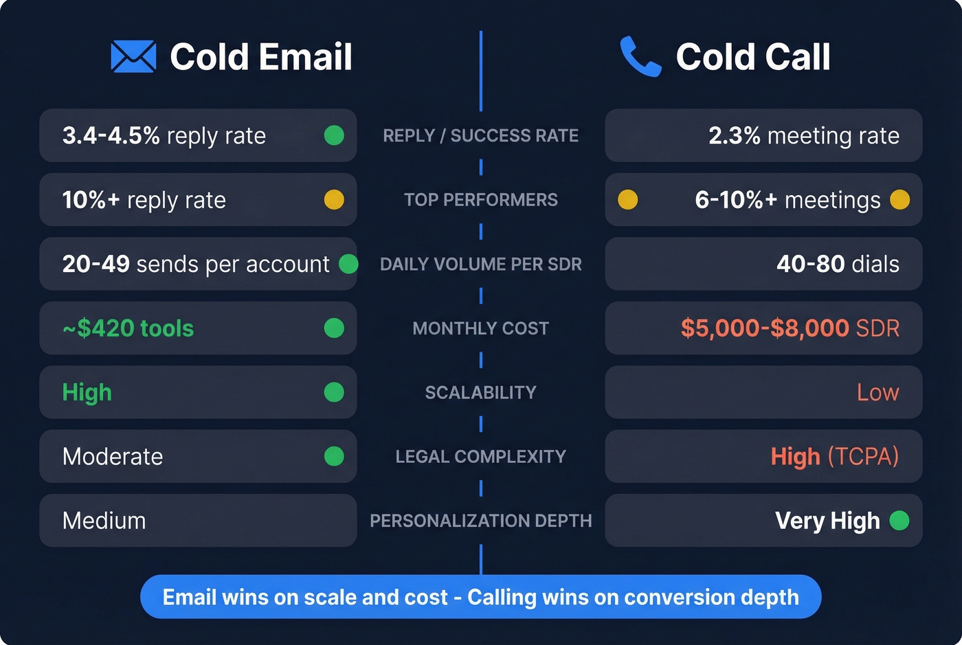 Cold email vs cold call head-to-head comparison infographic