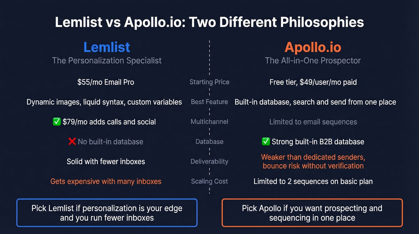 Lemlist vs Apollo.io head-to-head comparison diagram