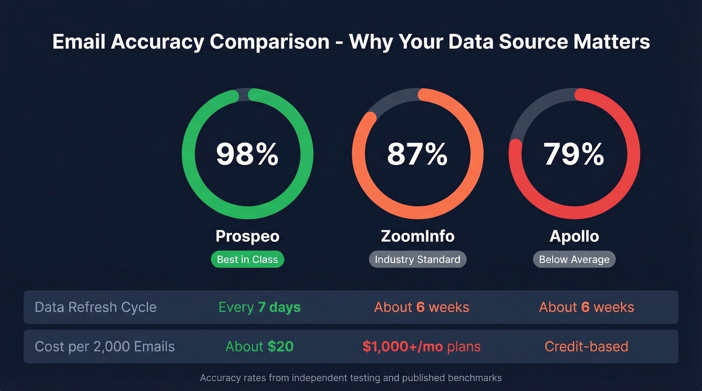 Email accuracy comparison between Prospeo, ZoomInfo, and Apollo