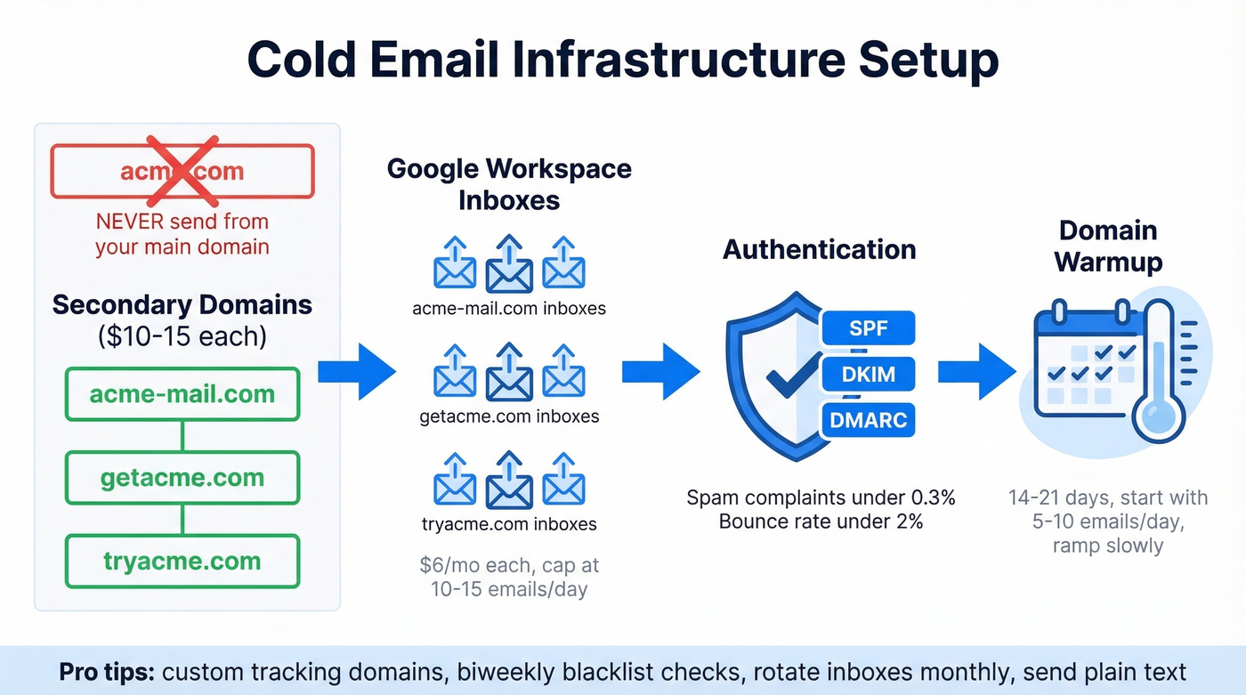 Cold email infrastructure setup diagram with domains and inboxes