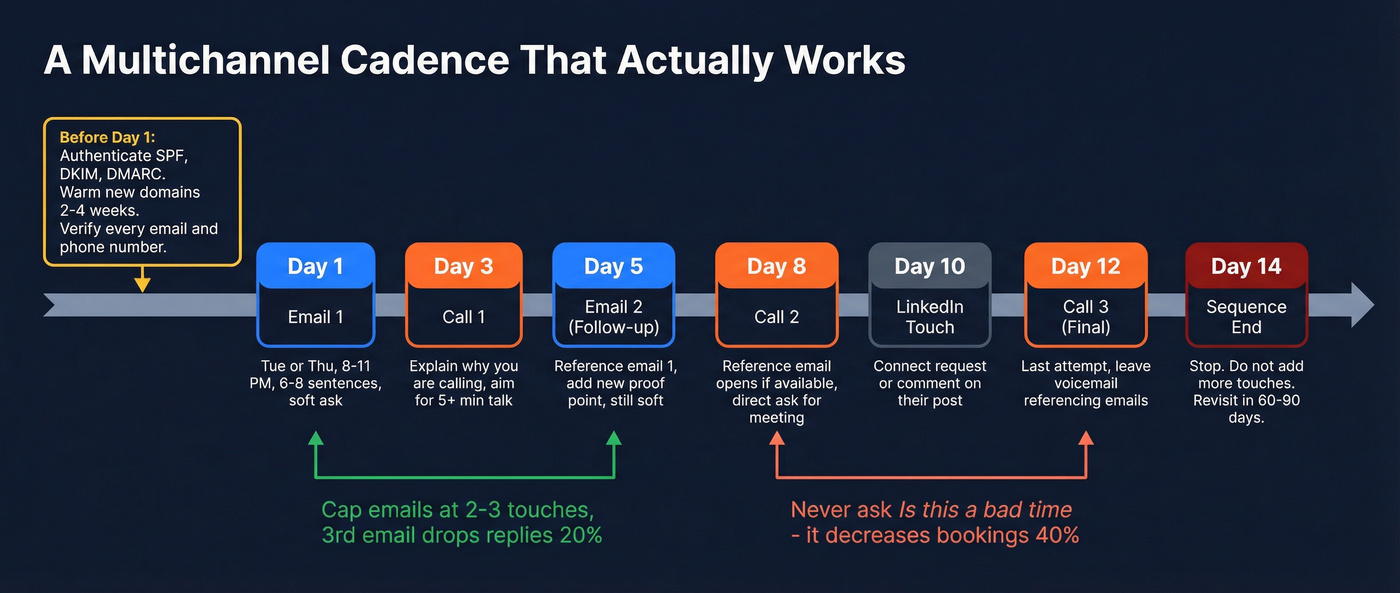 Day-by-day multichannel outbound cadence sequence