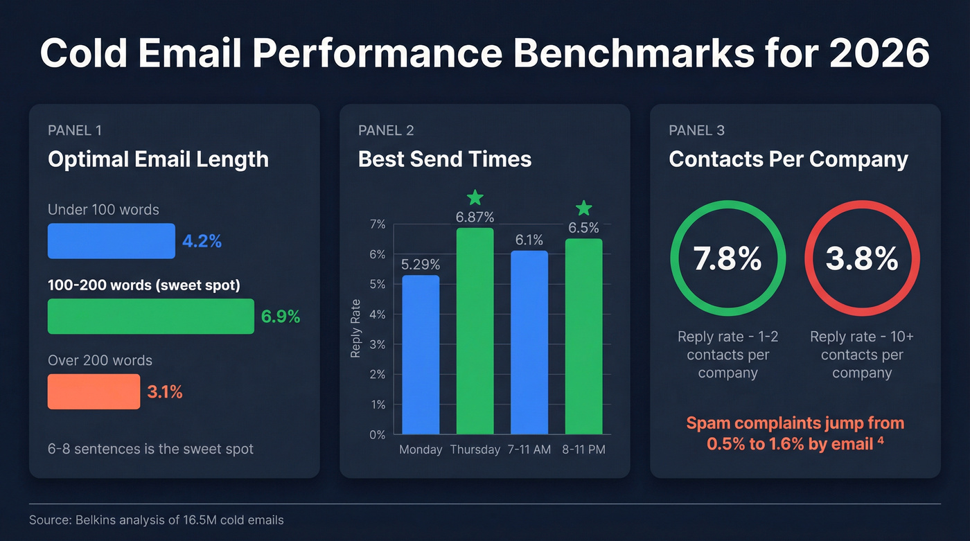 Cold email performance stats for timing sequences and length