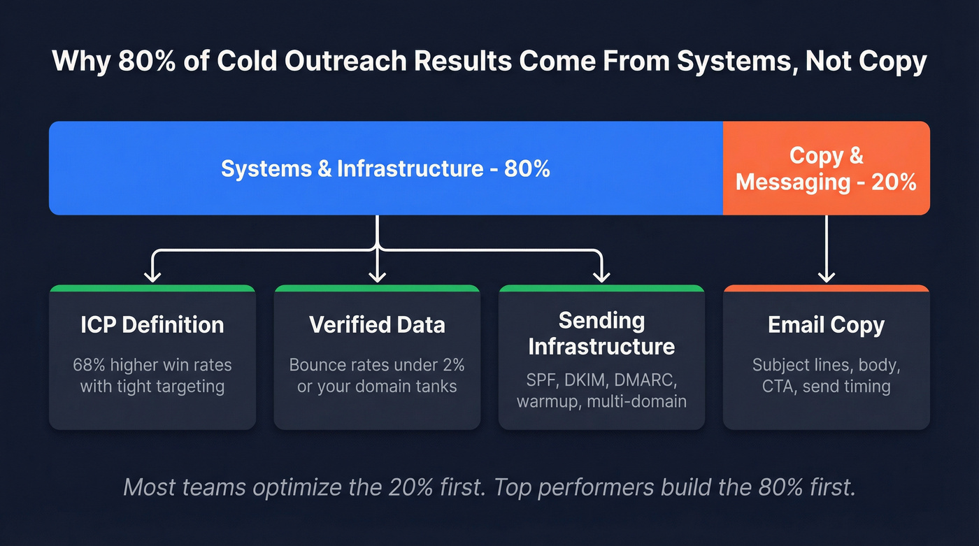 Cold outreach results breakdown showing 80/20 system vs copy split