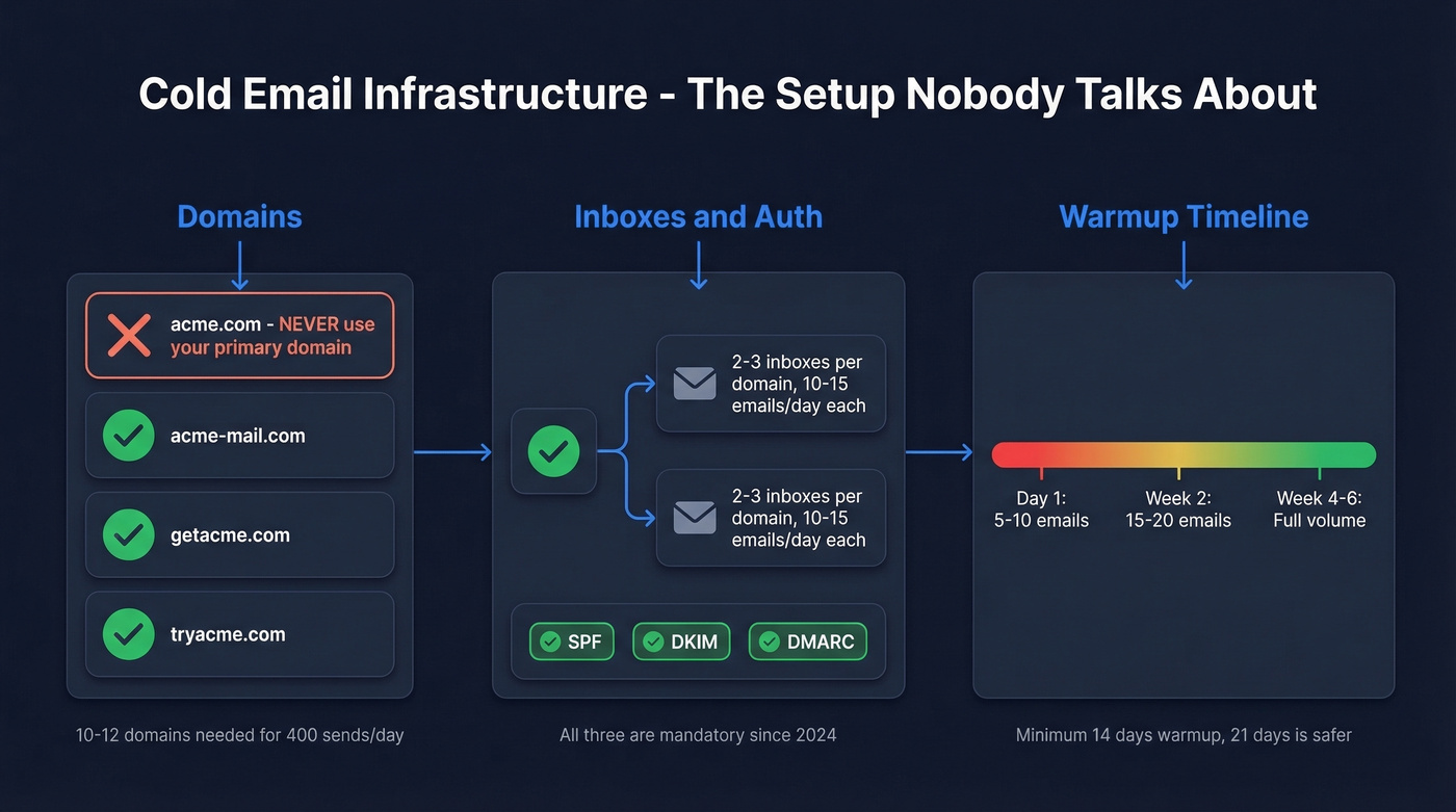 Cold email infrastructure architecture with domains inboxes and DNS