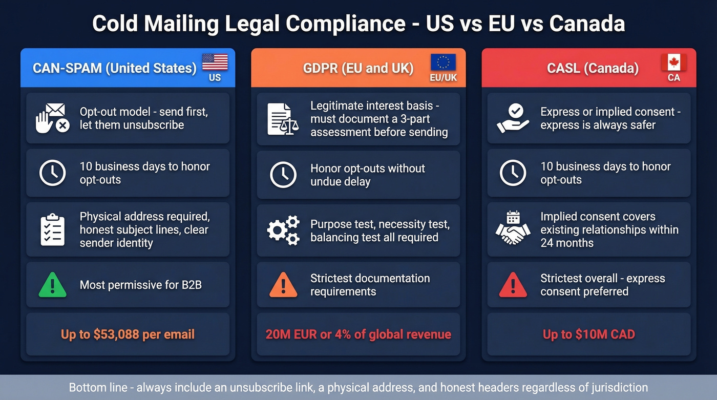 Visual comparison of CAN-SPAM vs GDPR vs CASL compliance requirements