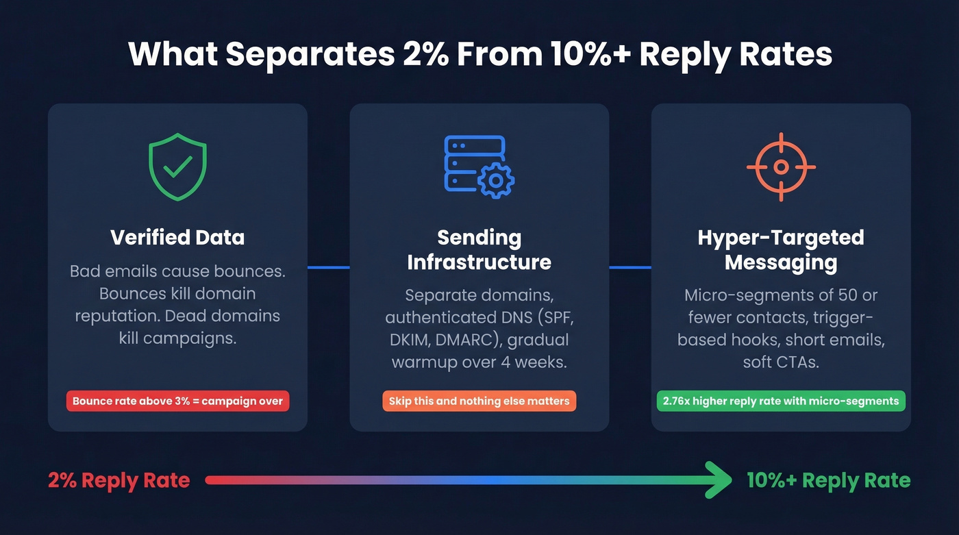 Three pillars separating 2% from 10%+ reply rates