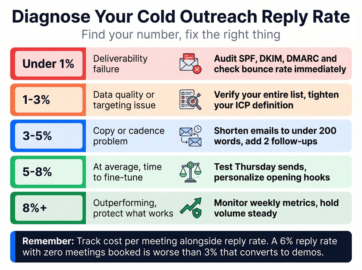 Cold outreach reply rate diagnostic flowchart by bottleneck