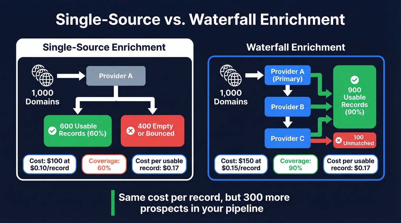 Single-source vs waterfall enrichment cost and coverage comparison