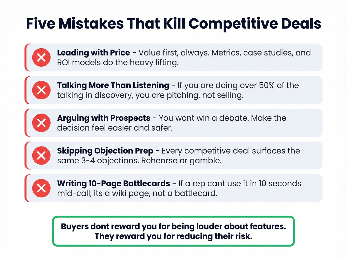 Five common competitive deal mistakes with visual warnings