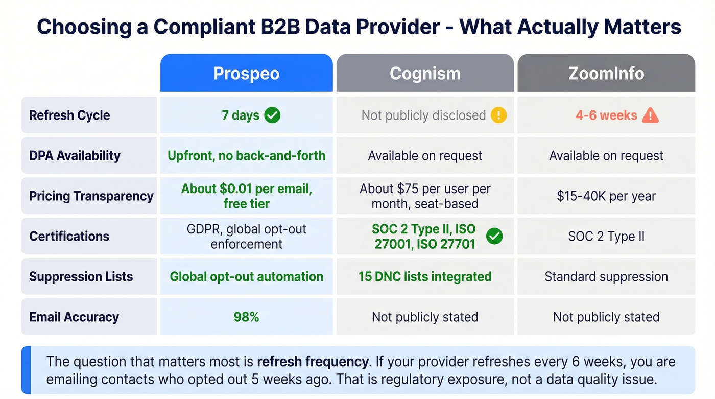 Data provider compliance checklist comparing Prospeo, Cognism, ZoomInfo