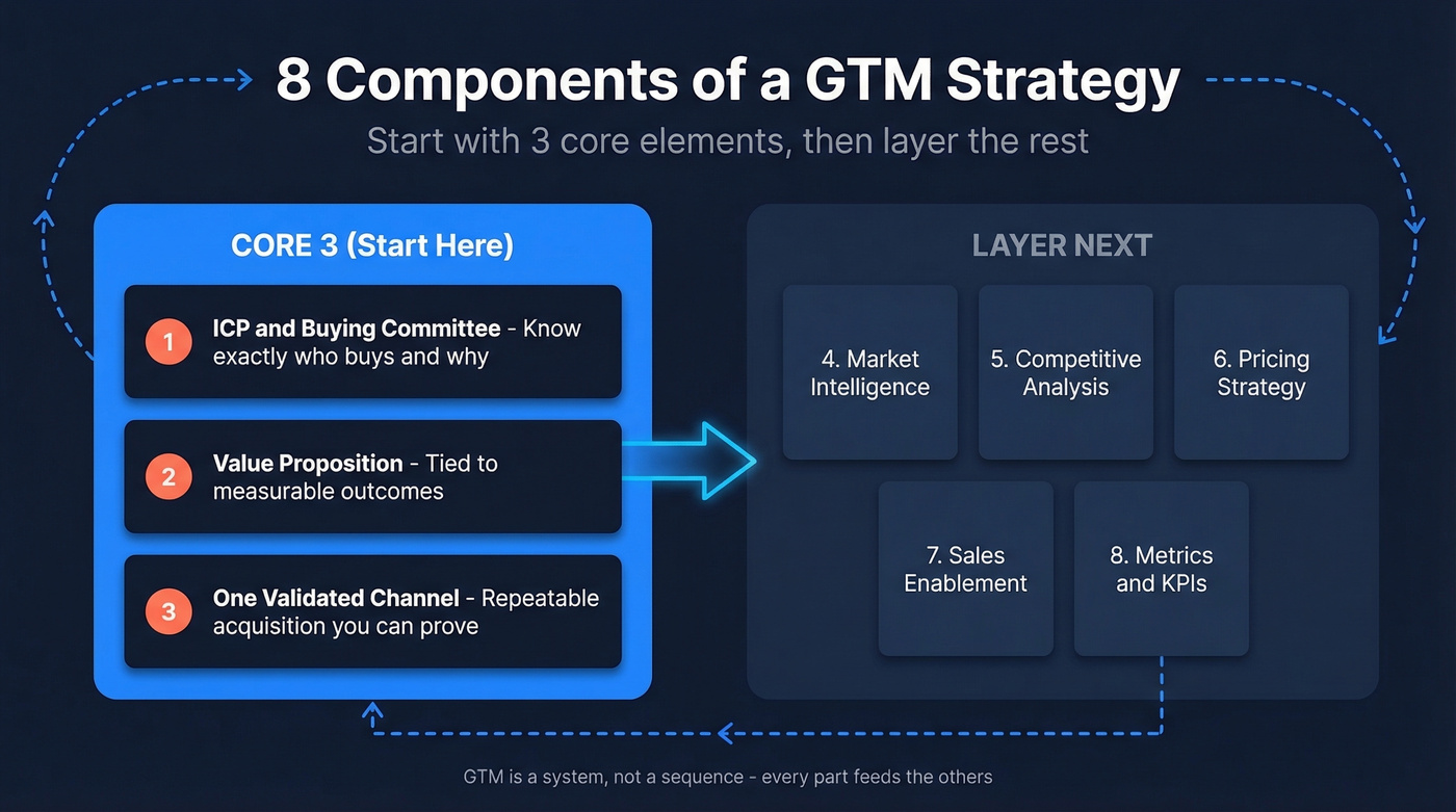 8 GTM strategy components layered system diagram