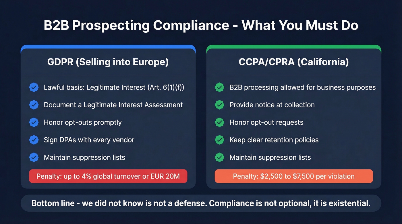 GDPR vs CCPA compliance checklist for B2B prospecting