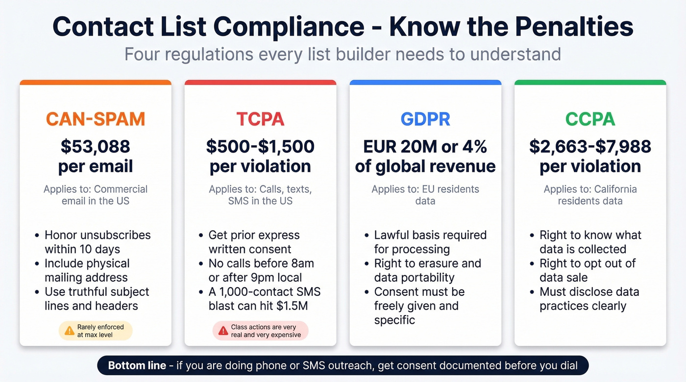 Compliance penalties comparison across CAN-SPAM TCPA GDPR CCPA