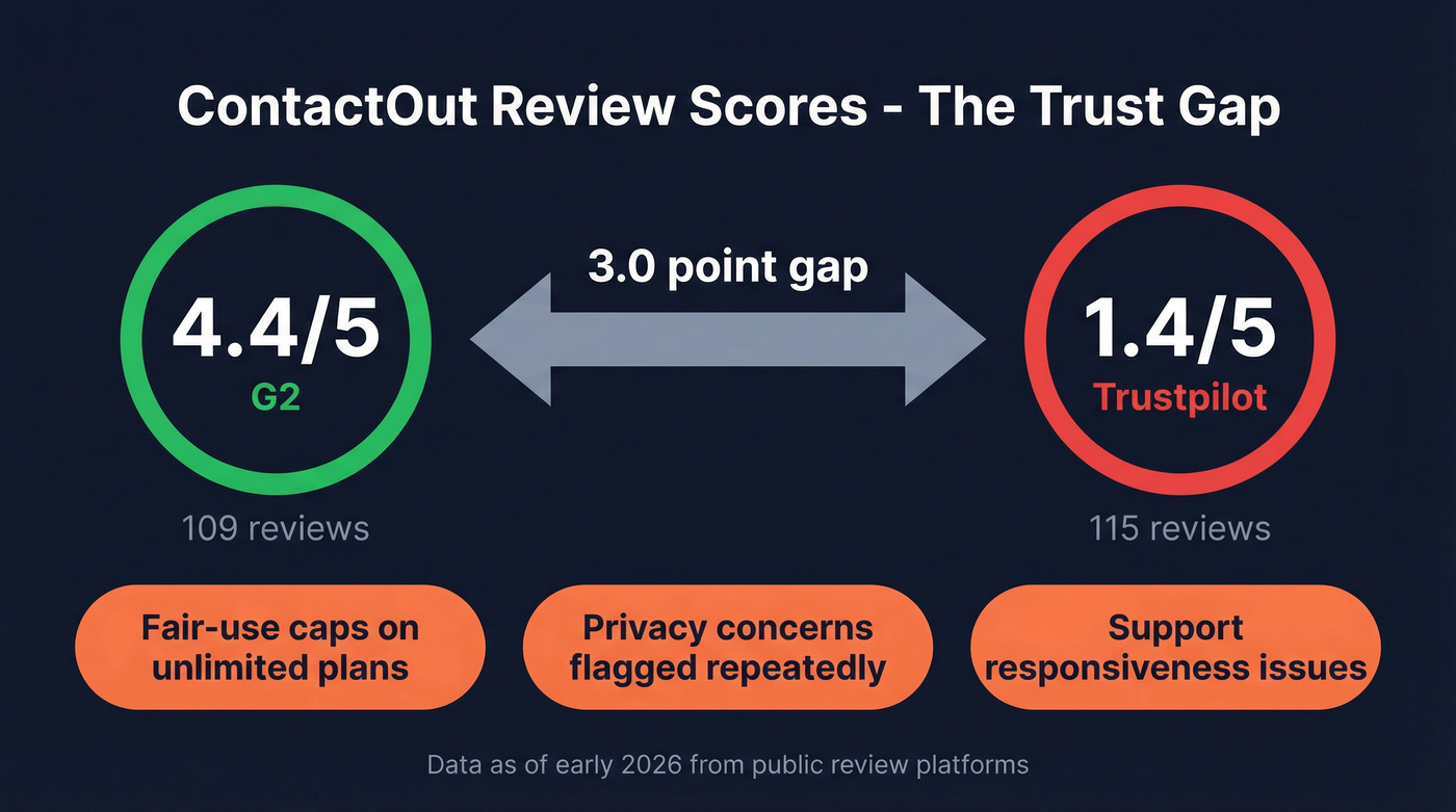 ContactOut review score gap between G2 and Trustpilot