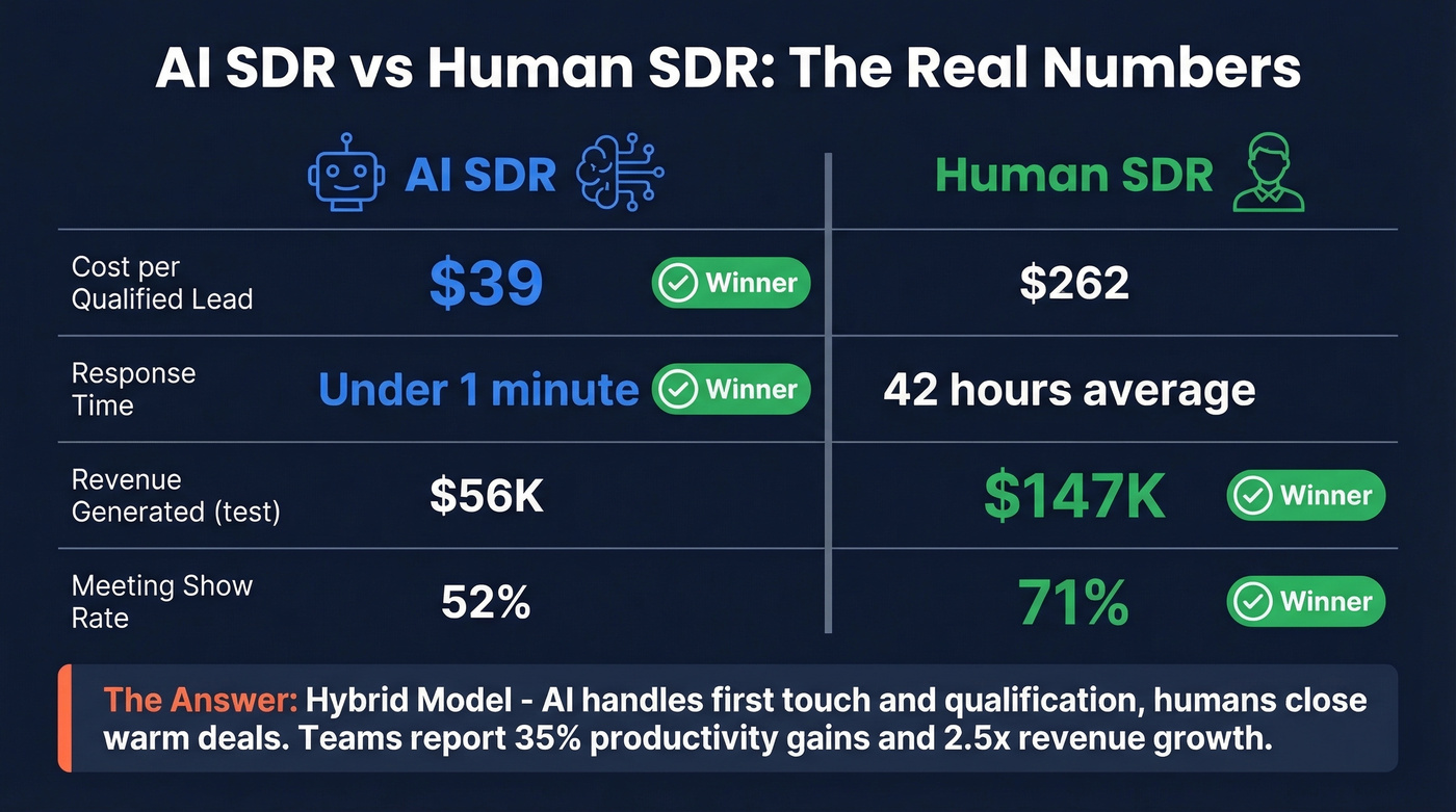 AI SDR versus human SDR head-to-head metrics comparison