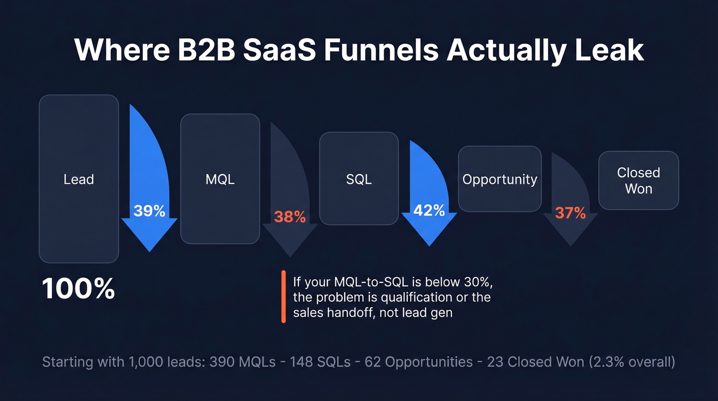 B2B SaaS funnel stage conversion rates breakdown