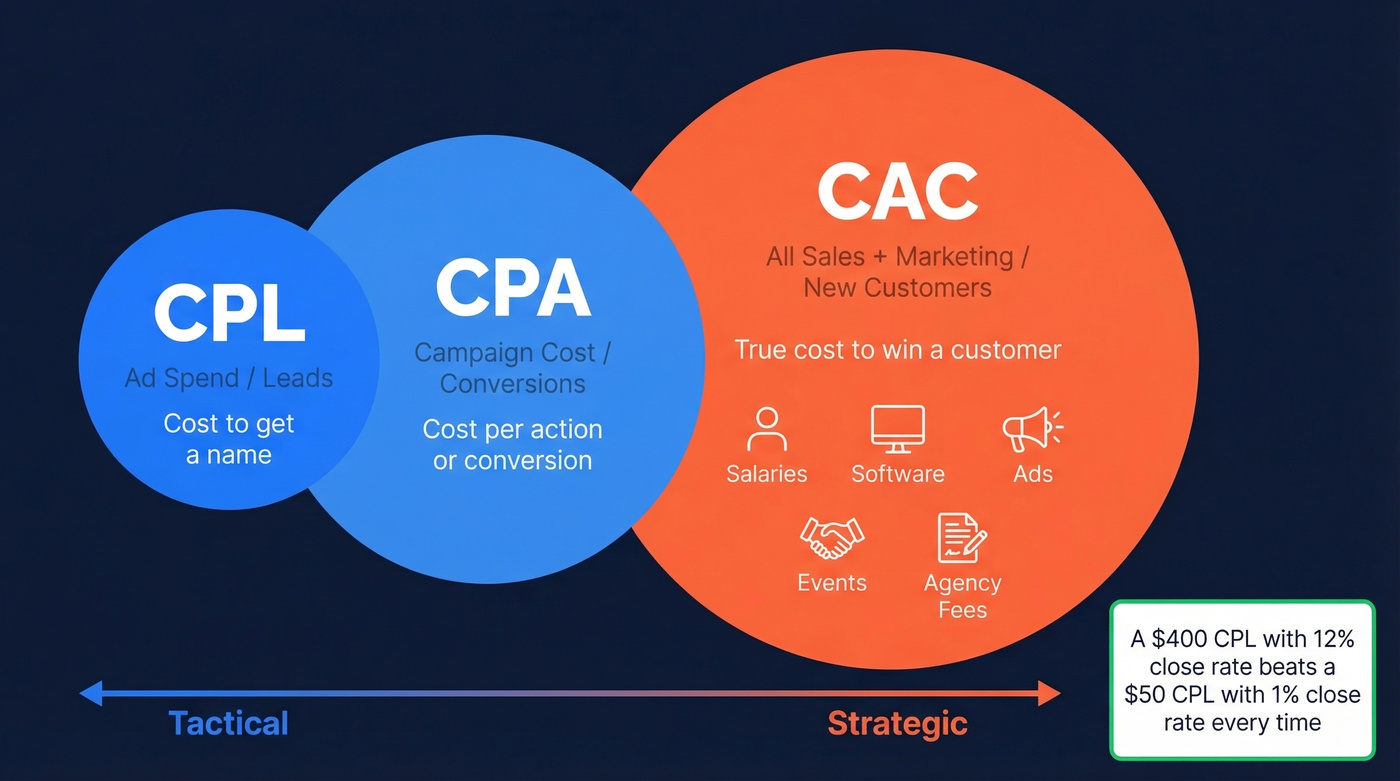 Visual breakdown of CPL vs CPA vs CAC metrics