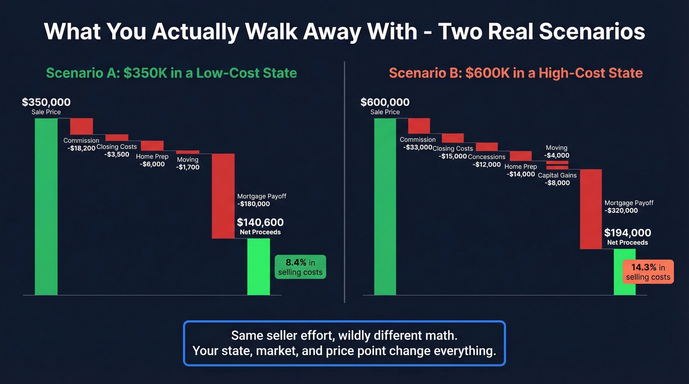 Side-by-side waterfall comparison of net proceeds in low-cost vs high-cost states