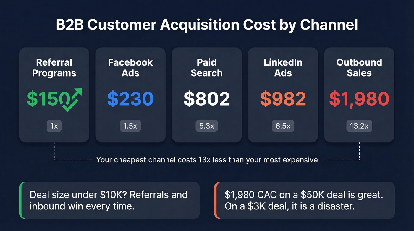 B2B CAC by channel showing cost multiplier differences