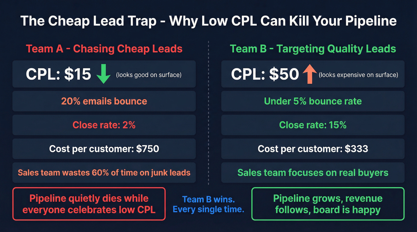 Visual showing cheap leads vs quality leads true cost