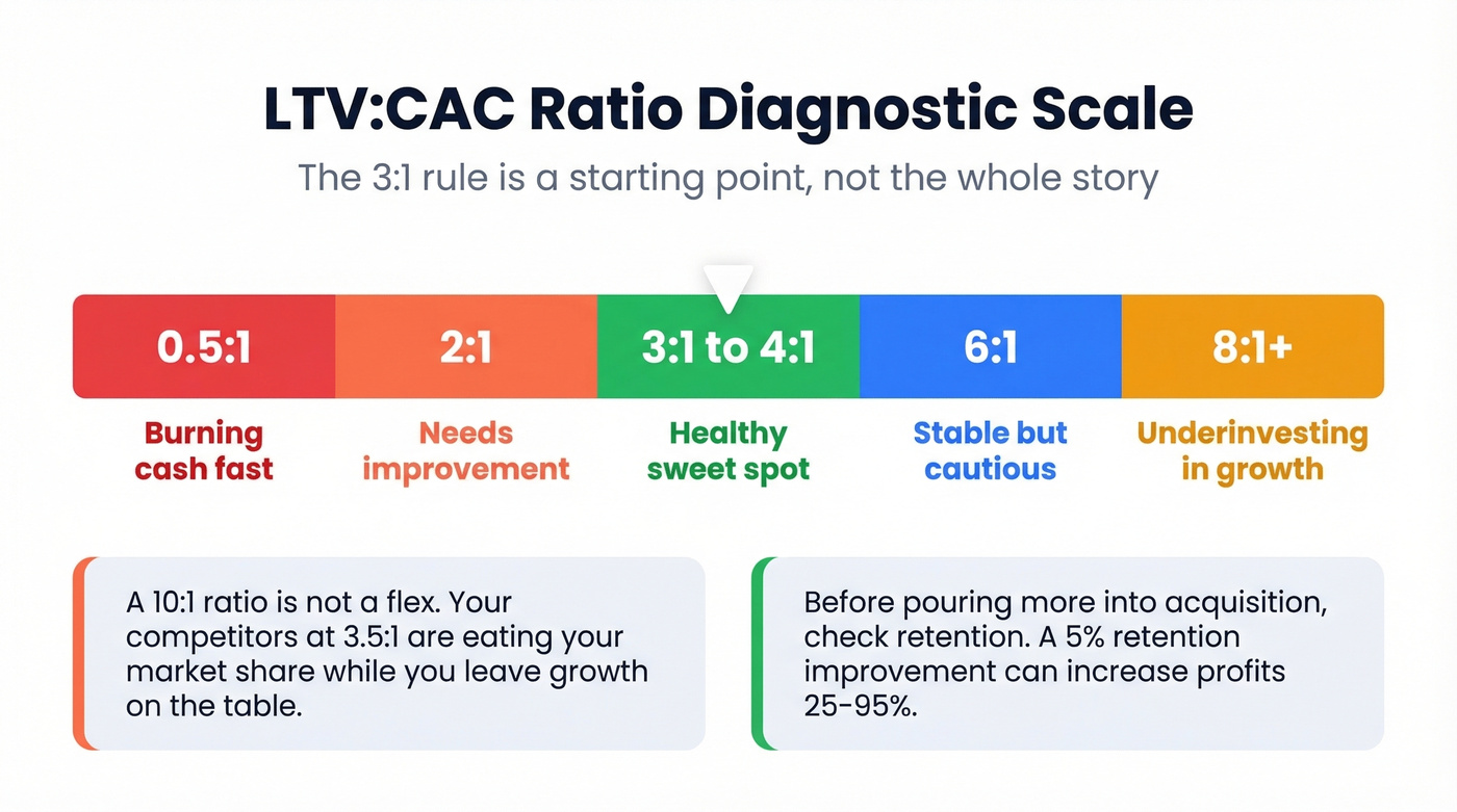 LTV to CAC ratio diagnostic scale with color-coded zones