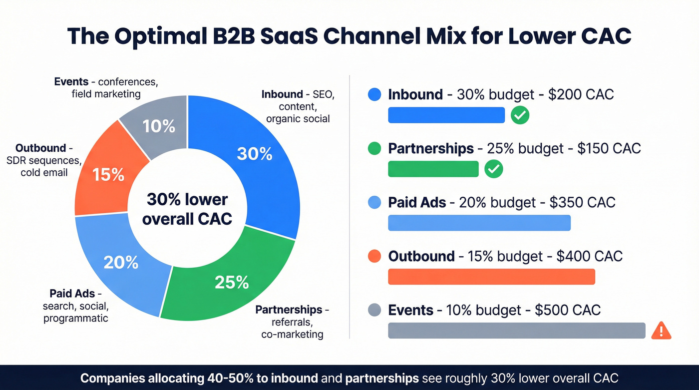 Optimal B2B SaaS channel mix pie chart with CAC