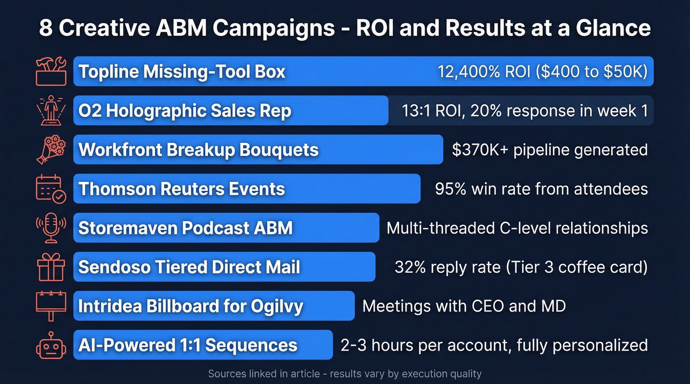 ROI comparison chart of 8 creative ABM campaigns