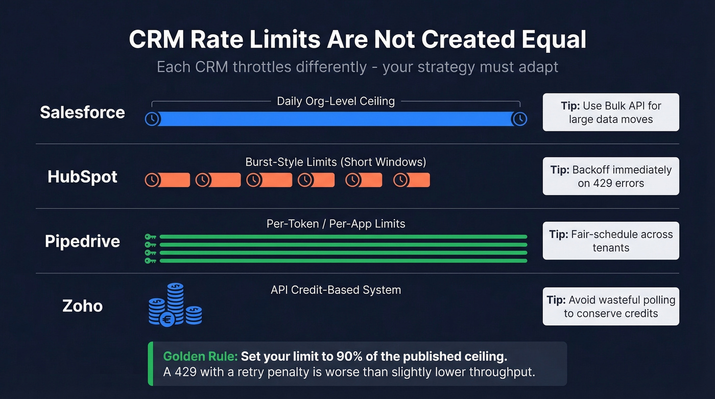 Rate limit models across Salesforce, HubSpot, Pipedrive, and Zoho CRMs