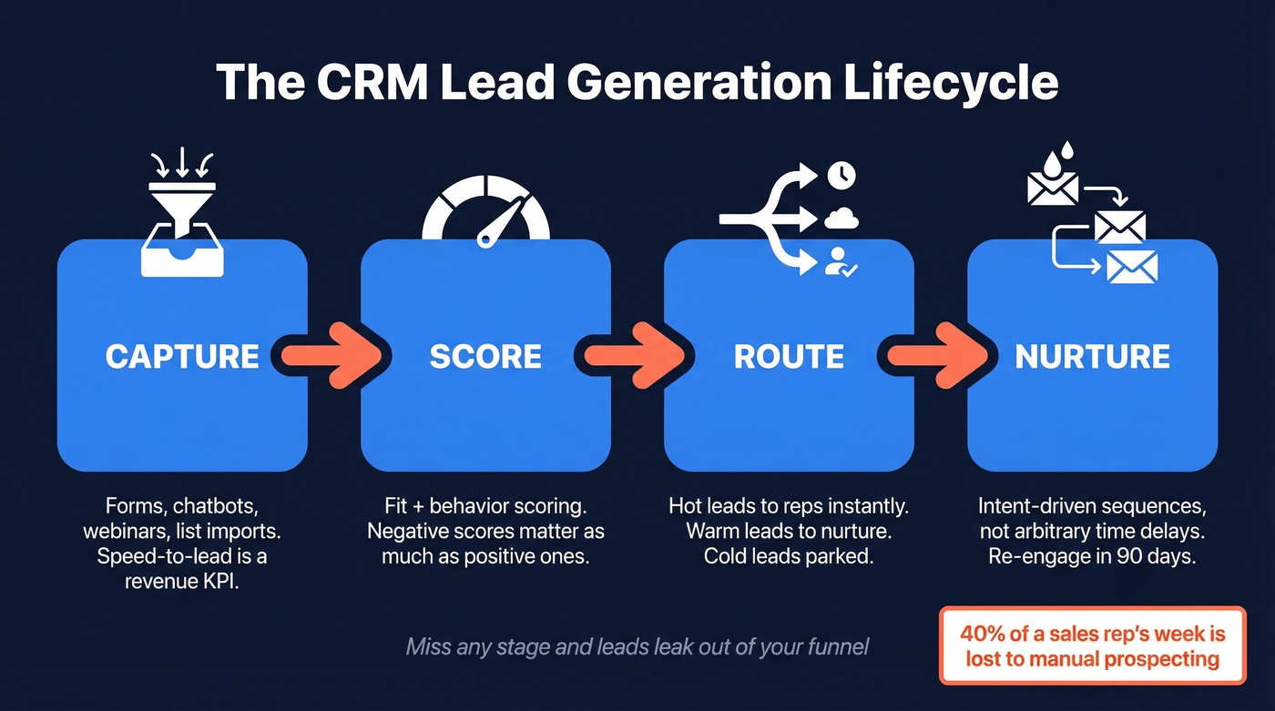 Four-stage CRM lead generation lifecycle flow chart