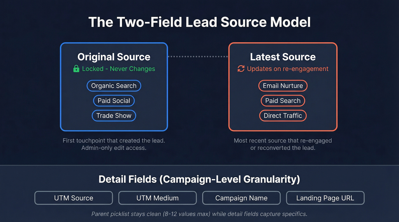 Two-field CRM lead source tracking model diagram