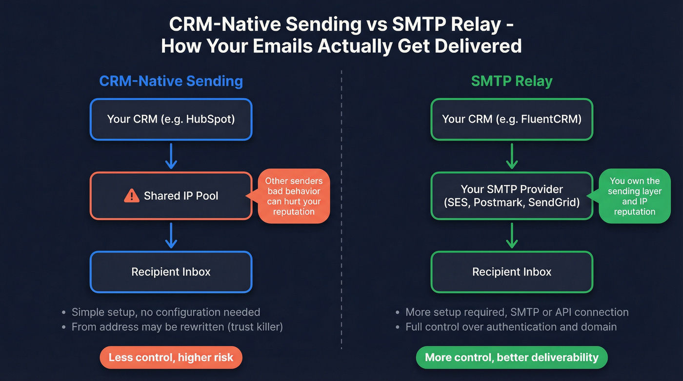 CRM native vs SMTP relay sending architecture diagram