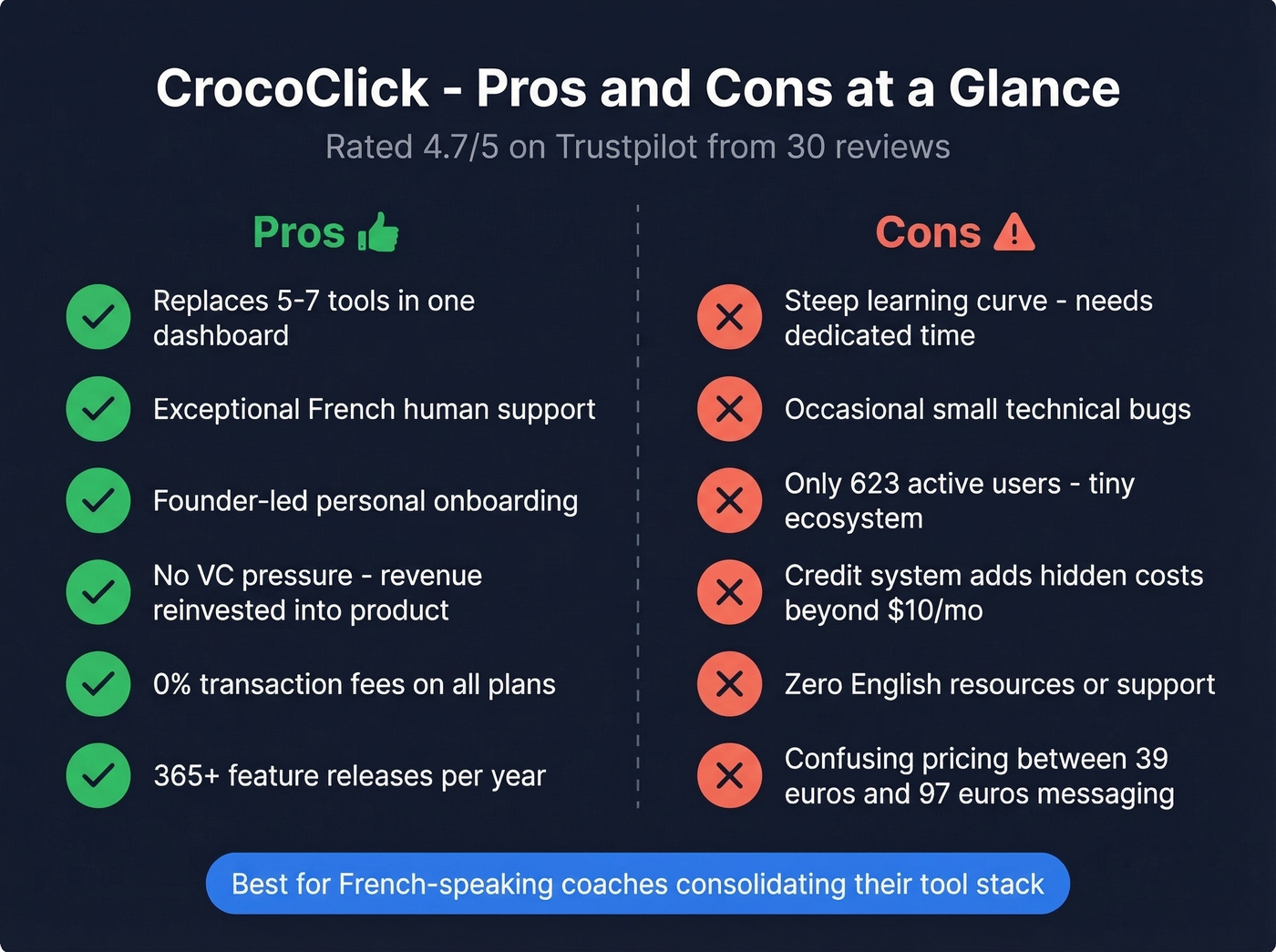 CrocoClick pros and cons visual summary card