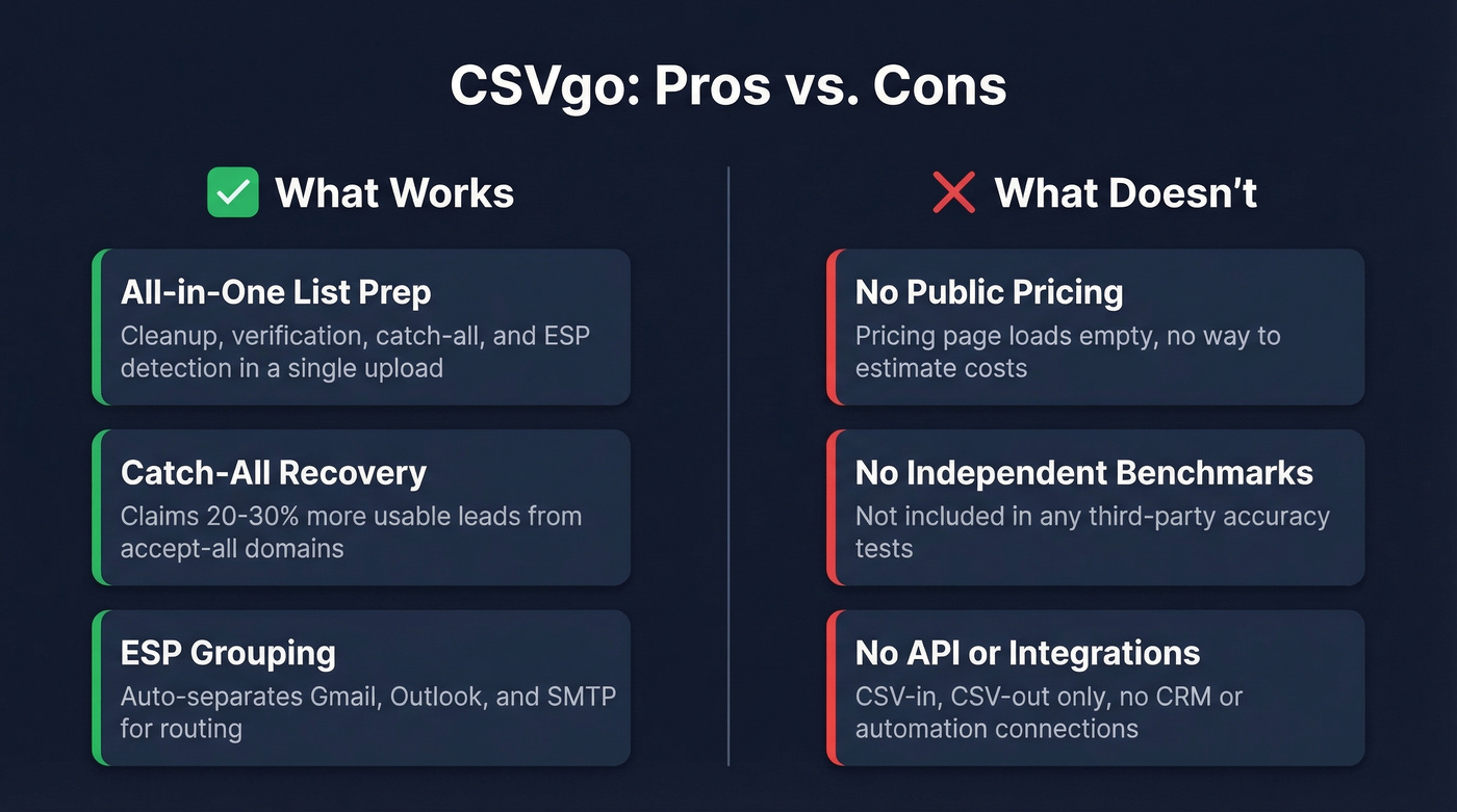 CSVgo pros and cons visual summary card
