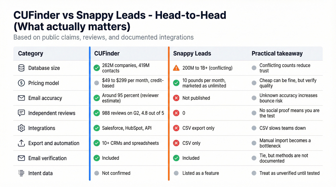 Feature matrix comparing CUFinder and Snappy Leads