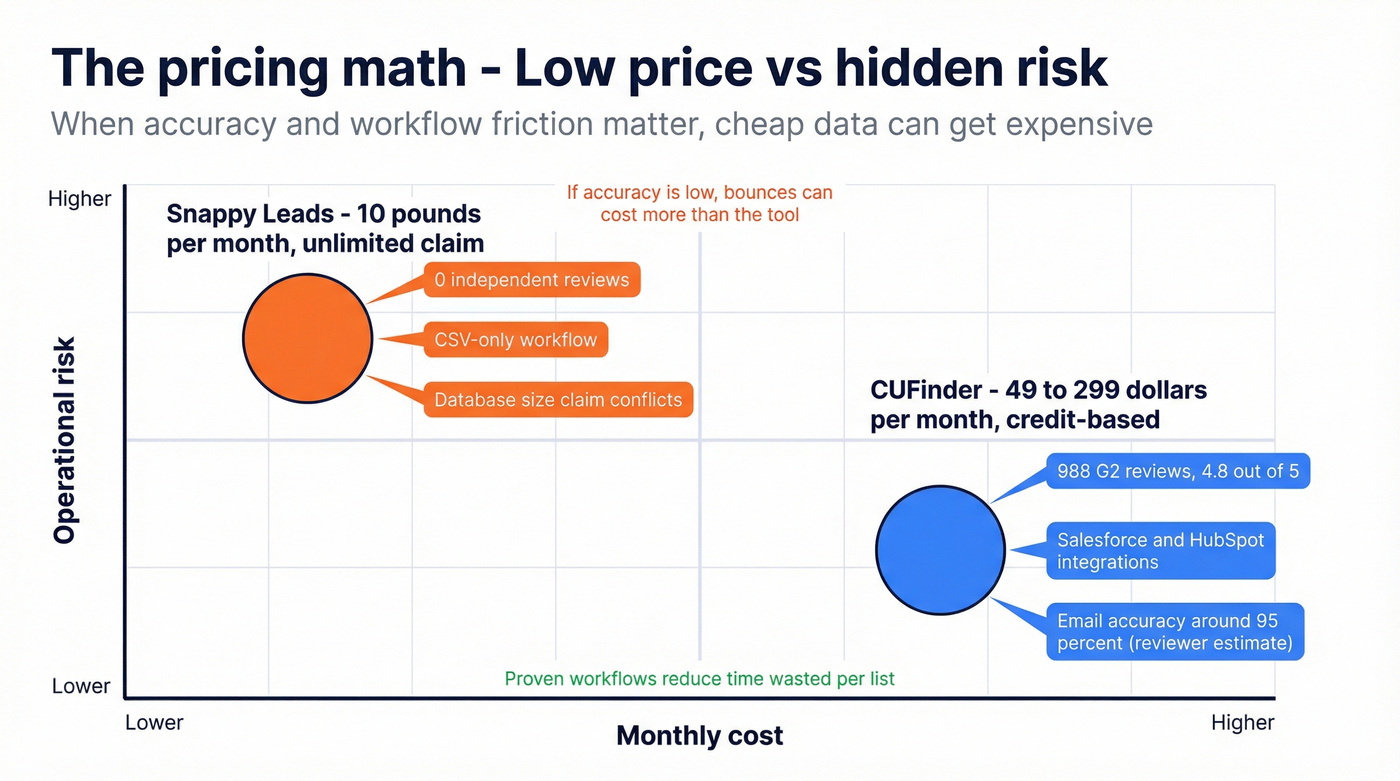 Pricing and risk tradeoff chart for CUFinder vs Snappy Leads