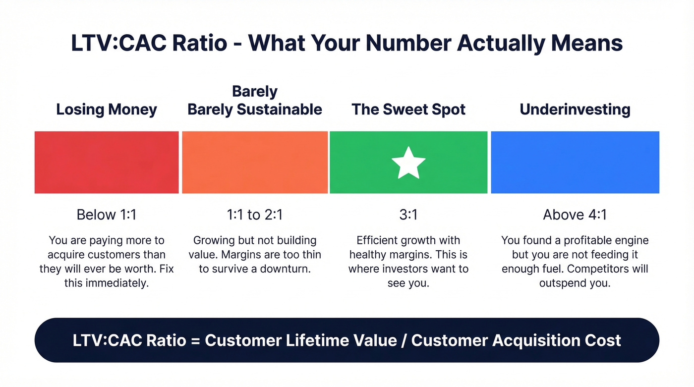 LTV to CAC ratio spectrum with benchmarks
