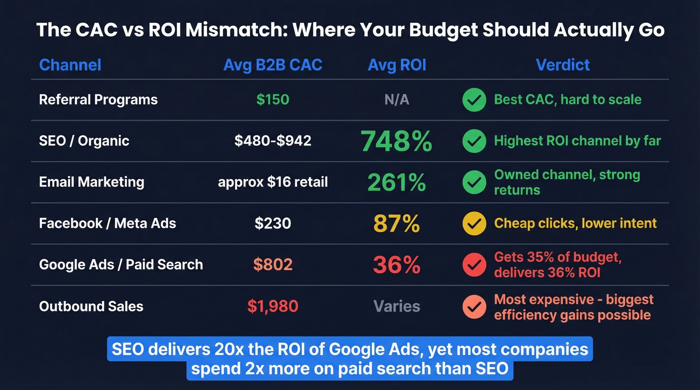 CAC versus ROI by marketing channel comparison