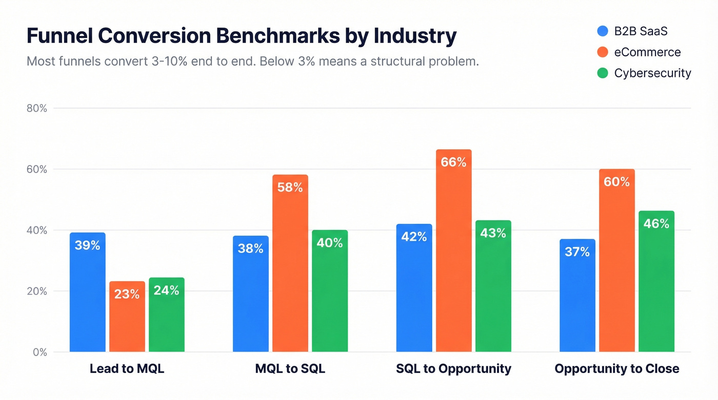 Stage-by-stage funnel conversion benchmarks by industry
