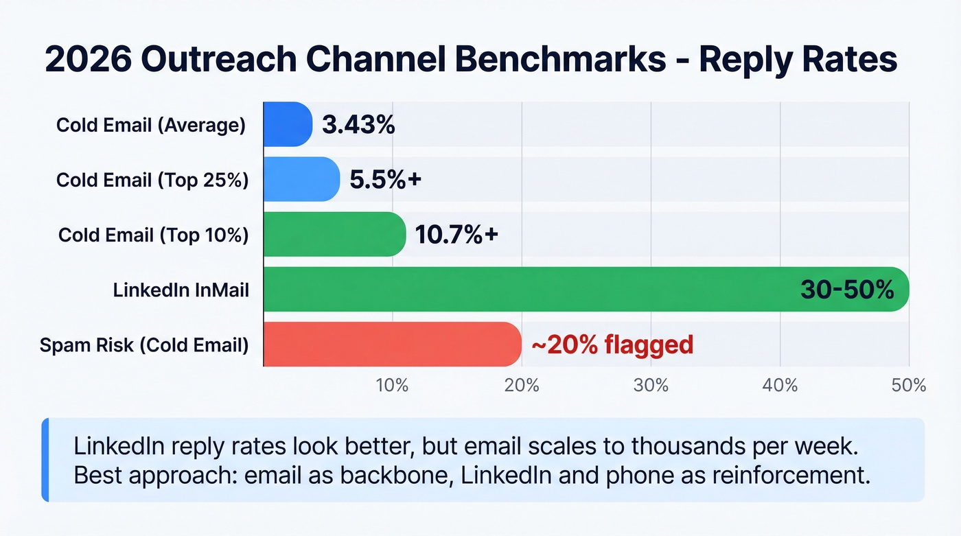 2026 outreach channel benchmarks comparing reply rates
