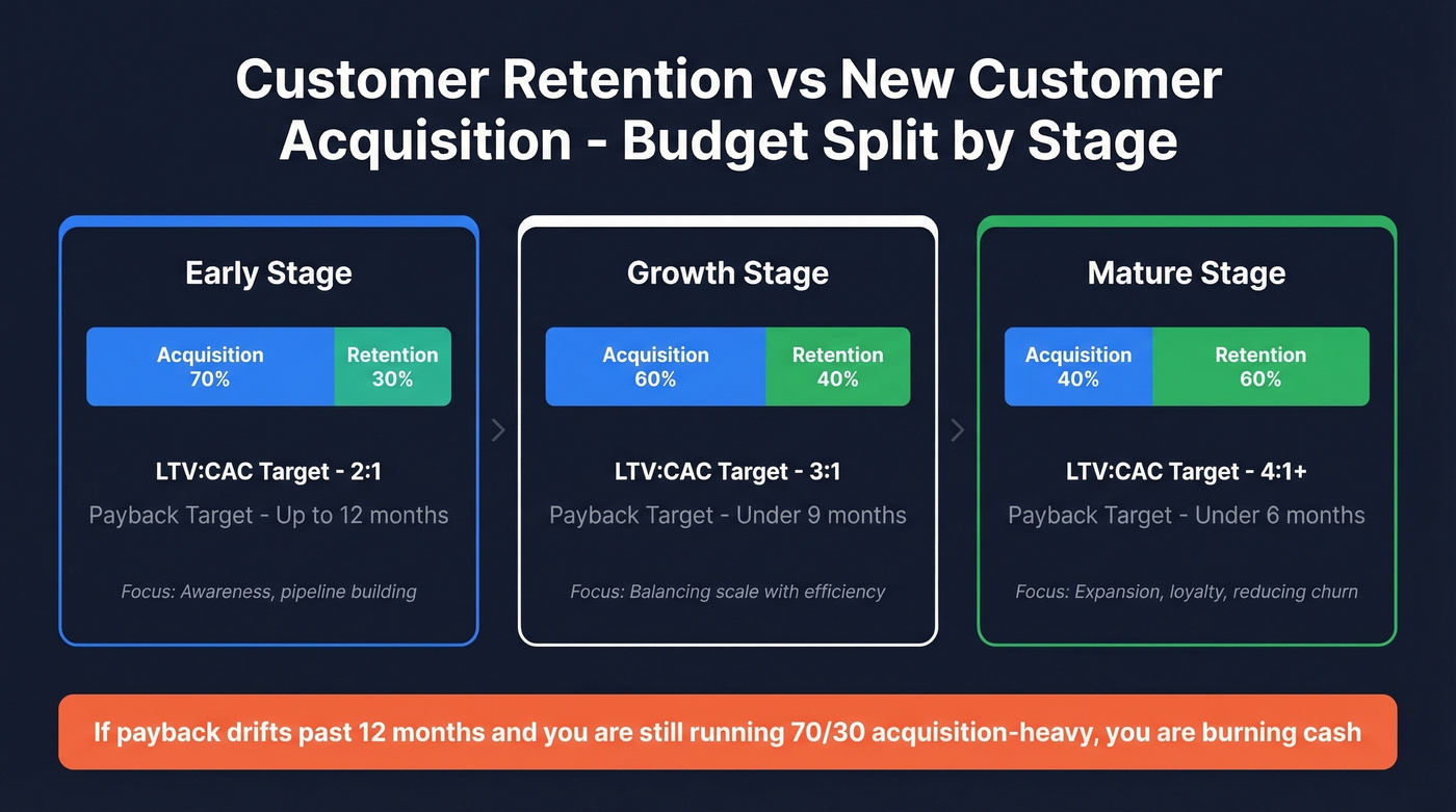 Stage-based acquisition vs retention budget split visual