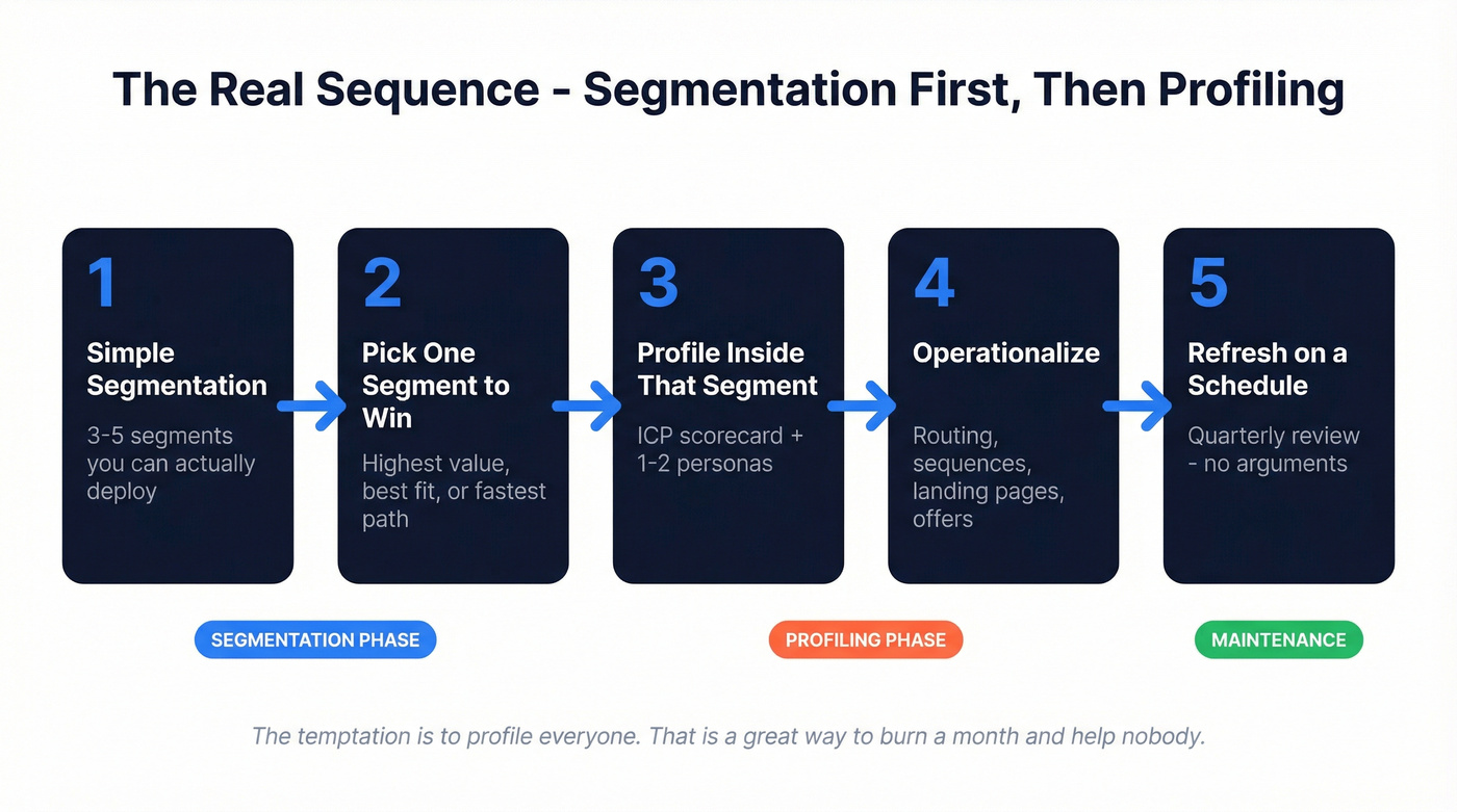 Five-step sequence from segmentation to profiling to operationalization
