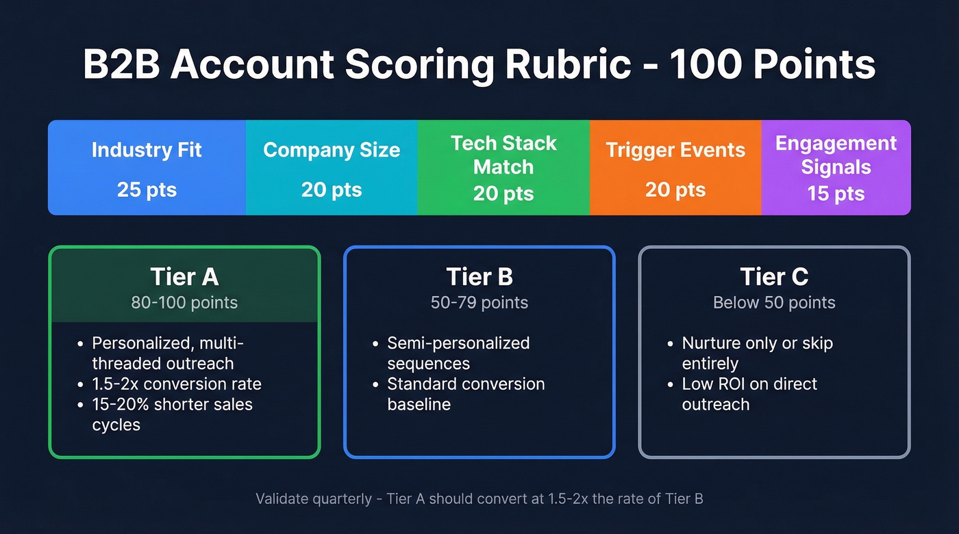 100-point account scoring rubric with three tiers visualized