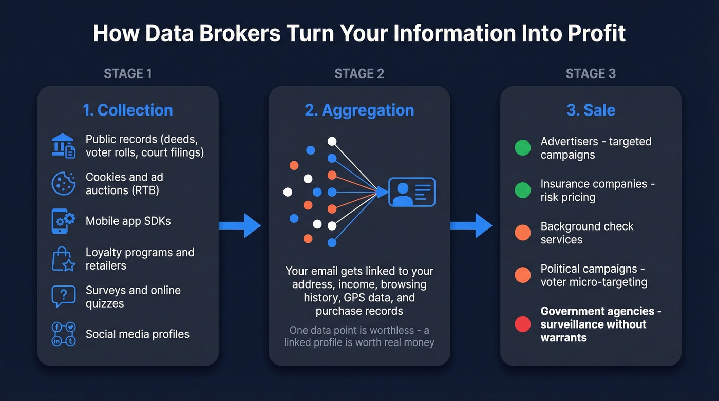 Three-stage data broker supply chain from collection to sale