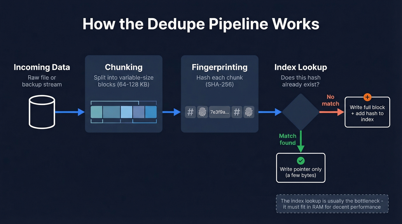 Data deduplication pipeline showing chunking, hashing, and index lookup stages
