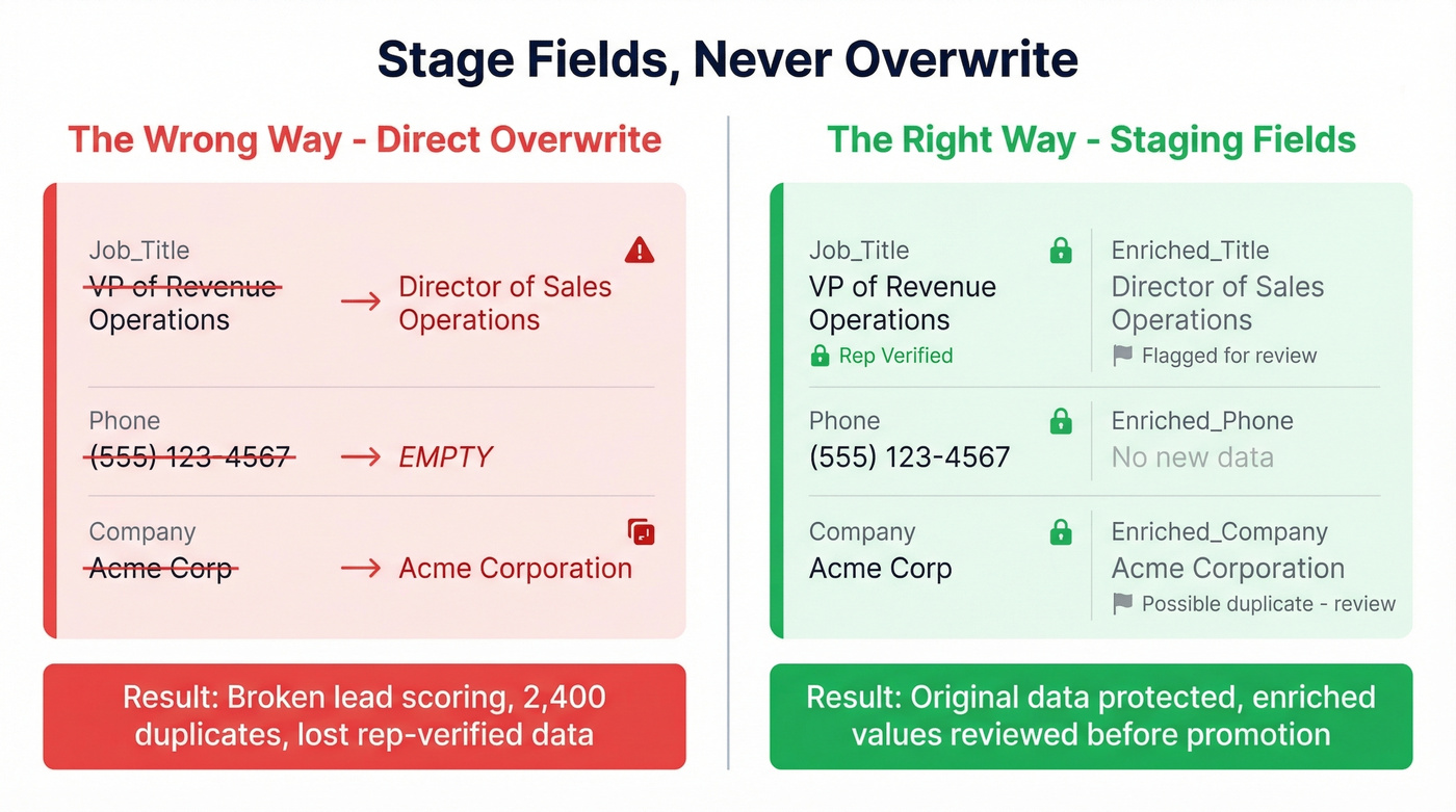 Side-by-side comparison of overwrite vs staging field approach