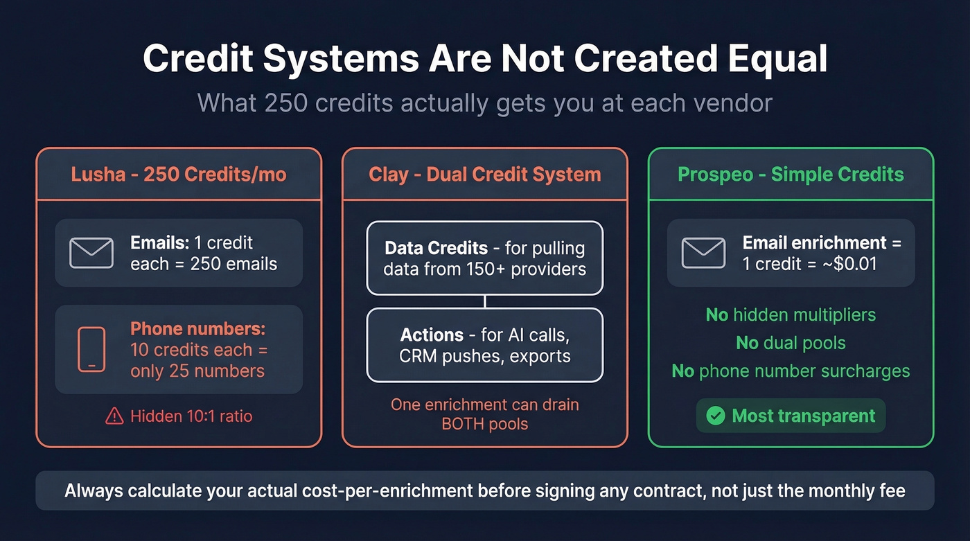 Visual breakdown of hidden credit costs across enrichment tools