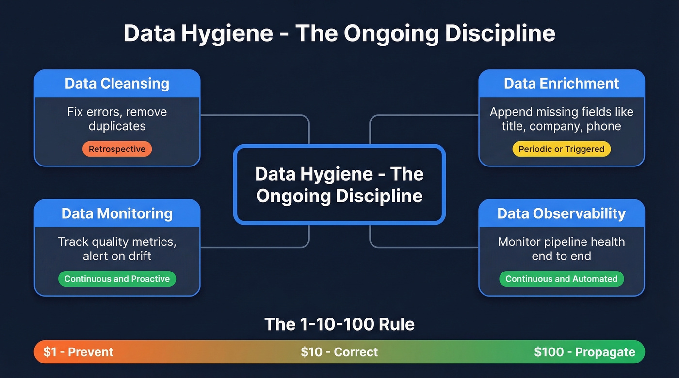 Data hygiene discipline breakdown showing five key terms and their relationships