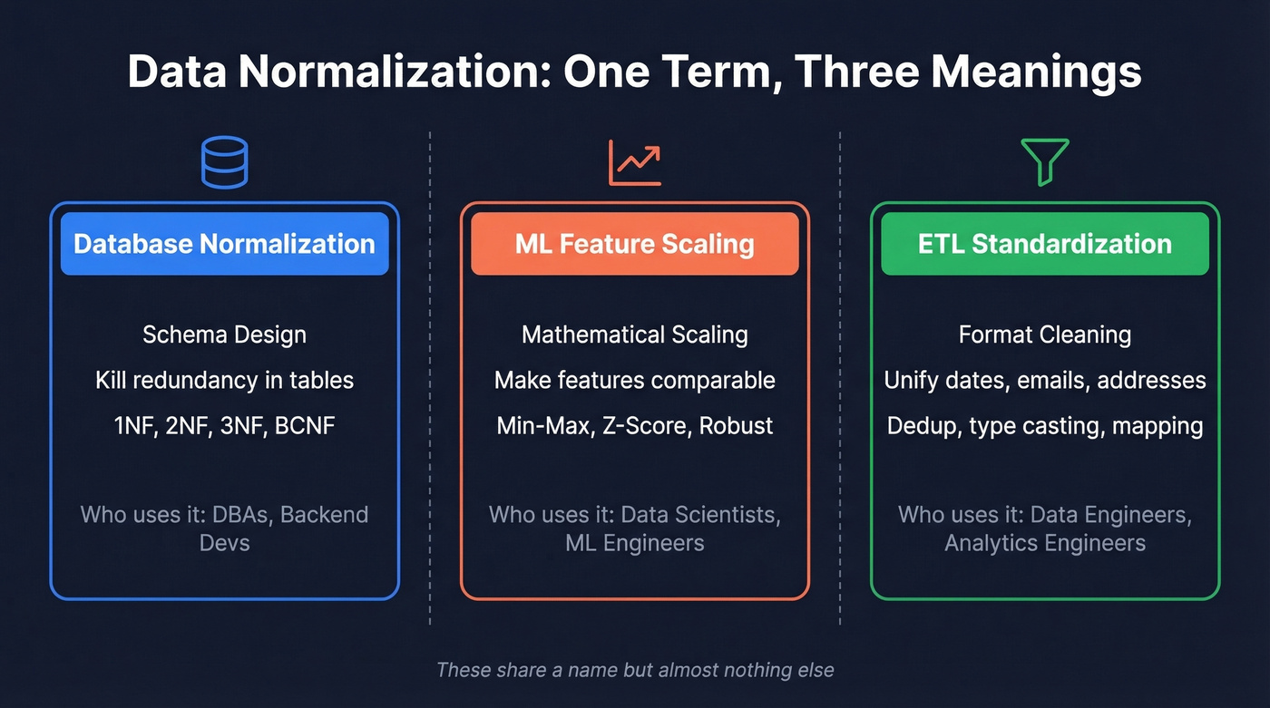 Three meanings of data normalization explained visually