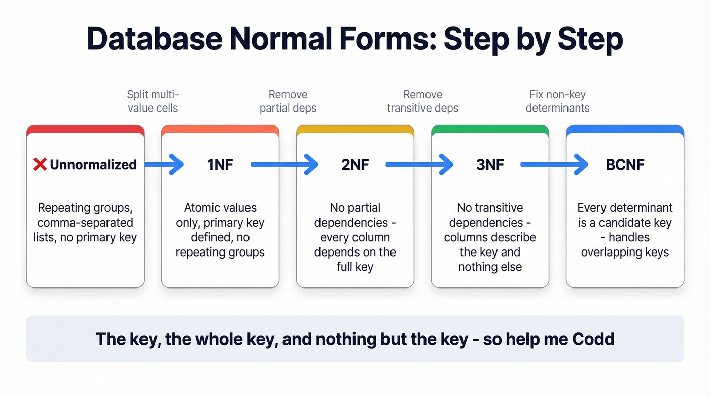 Progressive database normalization from unnormalized to BCNF