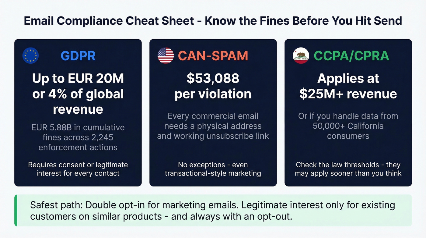 Email compliance penalties quick reference for GDPR CAN-SPAM CCPA